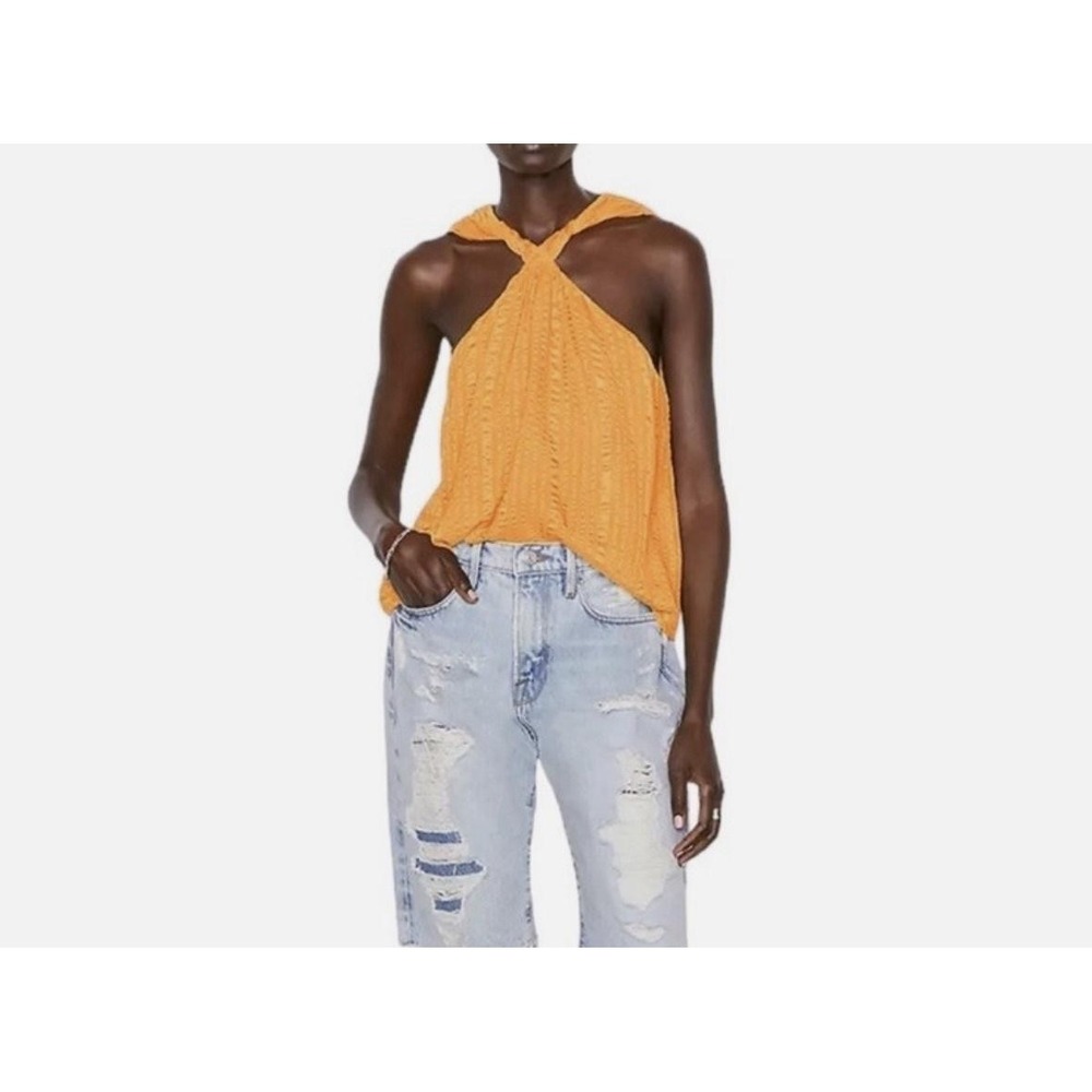 FRAME Tank Top Womens XS Yellow Silk Twist Neck Halter Striped Textured LWSH2594